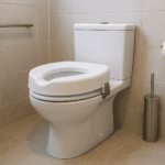 Photorealistische Nahaufnahme einer modernen Toilette mit montierter WC-Sitzerhöhung (10 cm), weiß, rutschfest geklemmt – barrierefreies Badezimmer.
